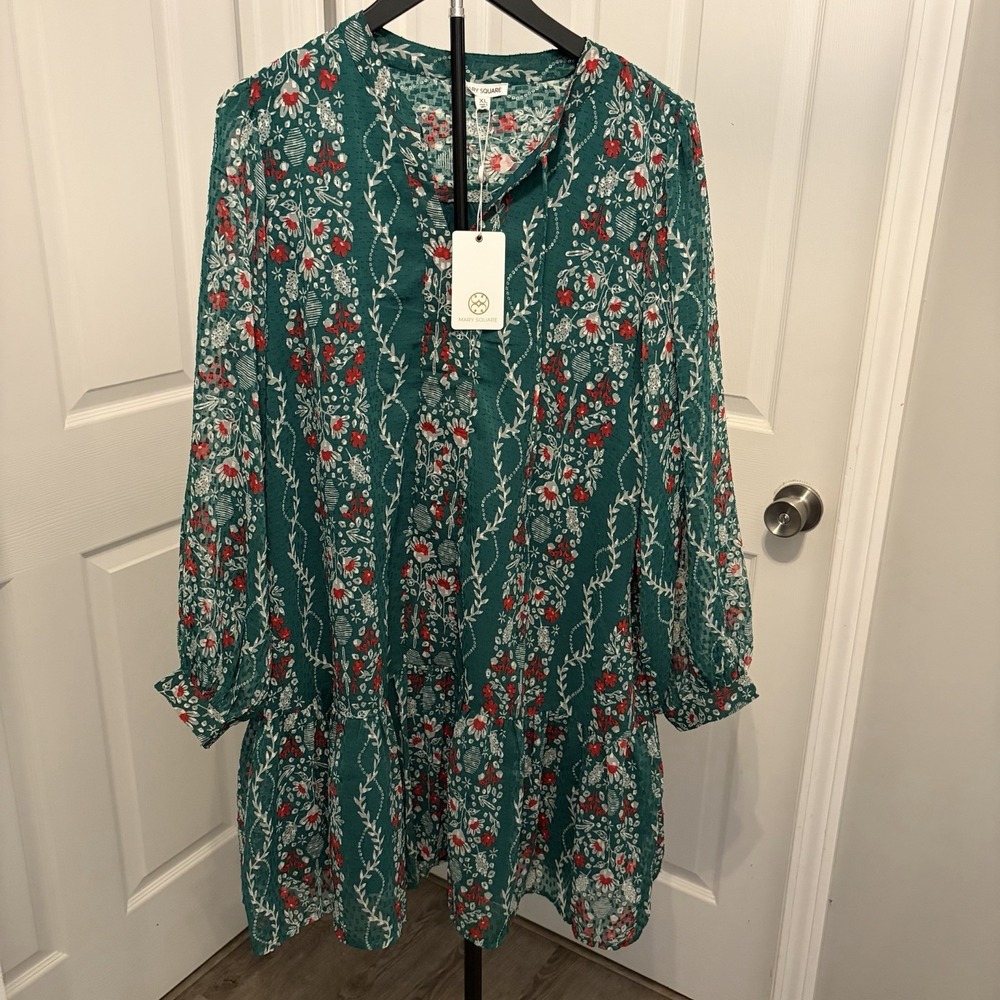 NWT Mary Square Natasha Ivy‎ Lane Dress Green Floral Mini Holiday Tiered XL Boho